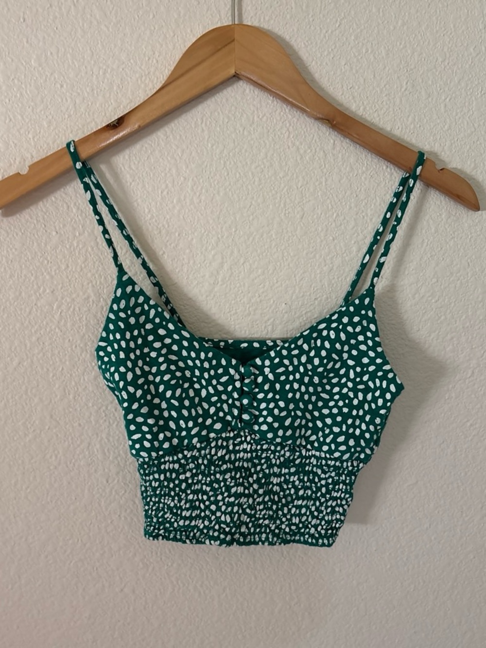 Me to We Green Dot Smocked Cami Crop Top